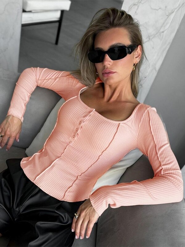 Atasan Crop garis terbuka wanita, kaus merah muda, kerah persegi, pakaian estetika, aksesoris Y2k, pakaian jalanan seksi, Slimfit