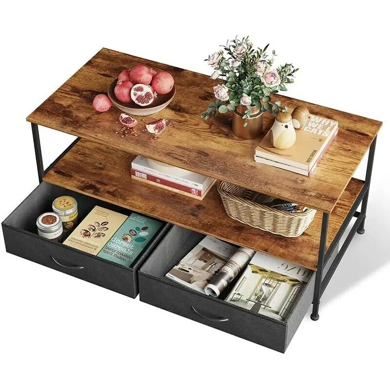 أ! طاولة قهوة مع أدراج تخزين ورف مفتوح ، خشب حديث وطاولة كوكل معدنية لغرفة المعيشة