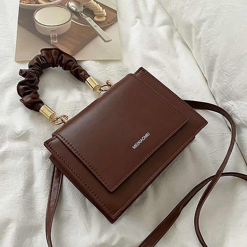 Korean Style Fashion Shoulder Sling Bag For Women PU Leather Solid Color Crossbody Bag With Handle Simple Small Square Handbag