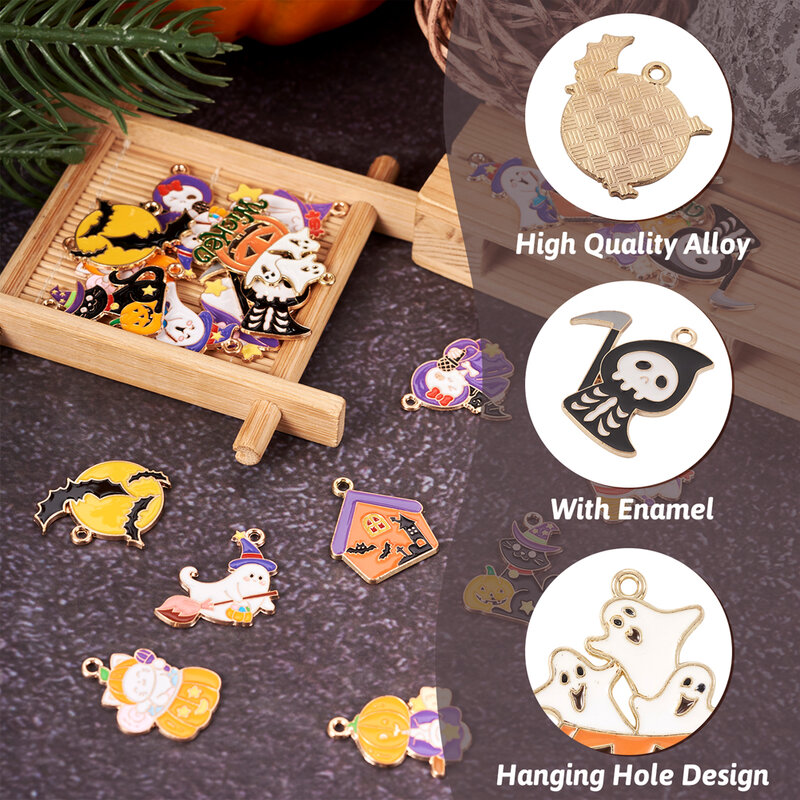 24Pcs Skull Ghost Pumpkin Charms Halloween Theme Alloy Enamel Pendants For Necklace Bracelet Handmade Jewelry Making Findings