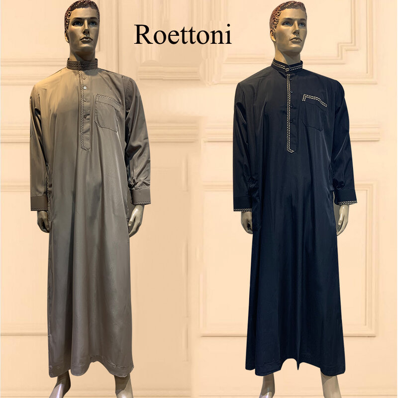 1 Piece Low Neck Ethnic Shirt Muslim Men's Jubba Thobe Kaftan Prayer Dress Qatar Pakistan Djellaba Islam Cloth Arabic Long Robe