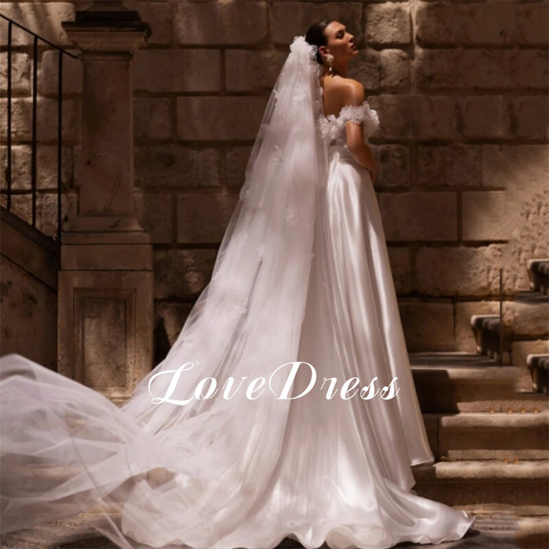 우아한 3D 플라워 오프 숄더 스테인 웨딩 드레스, A 라인 하이 사이드 슬릿 레이스, 백리스 신부 가운