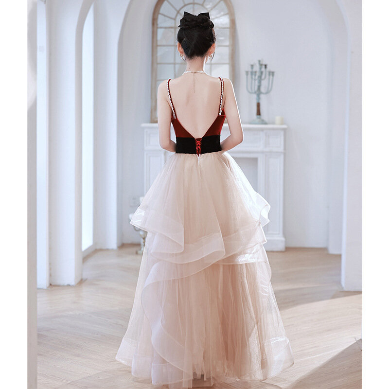 Red Patchwork Suspender Evening Dress Women V-Neck Backless Tulle Homecoming Dresses Exquisite Elegant Modern Prom Gown