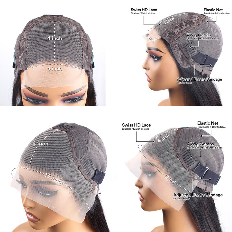 Perucas de cabelo humano brasileiras pré-arrancadas sem cola para mulheres, peruca transparente frente do laço, fechamento reto do laço, 13x4 HD, 4x4