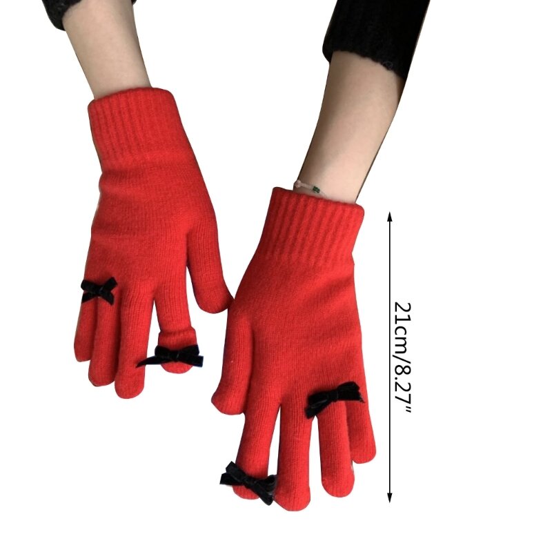 Teens Winter Full Finger Mitten with Small Bowknot Decor Knit Keep Warm Gloves H9ED