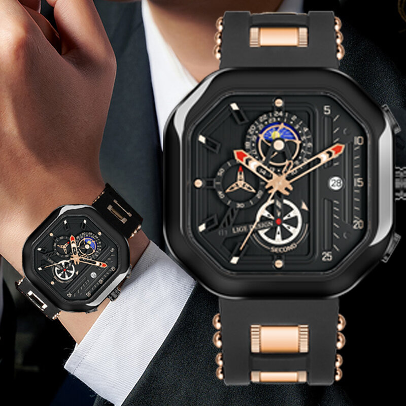 LIGE-Relógio de quartzo de silicone impermeável masculino, cronógrafo relógio de pulso, marca top, esportes originais, relógios masculinos