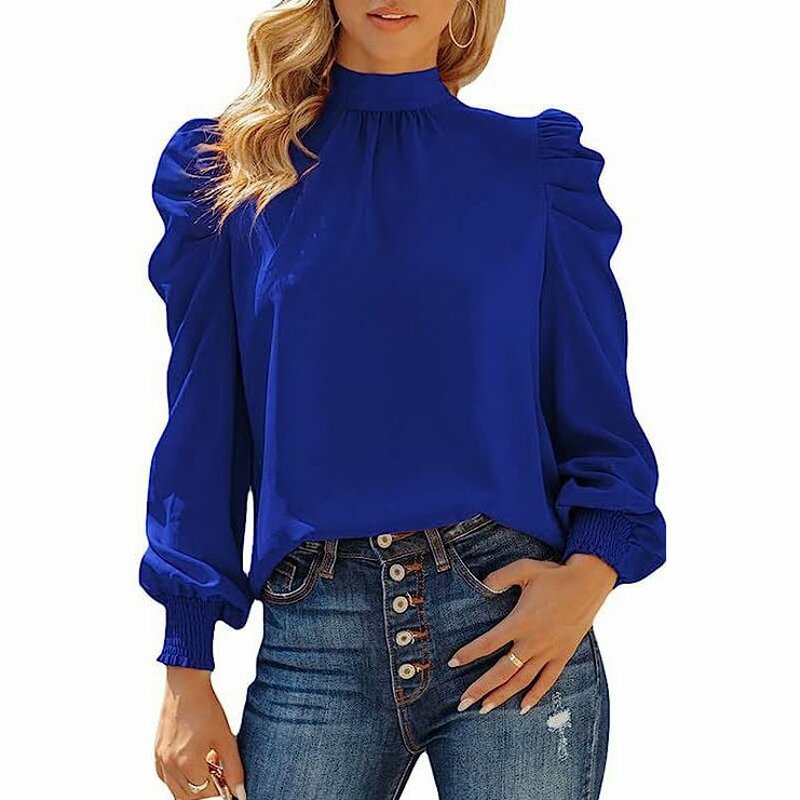 Womens Puff Sleeve Blouses Mock High Neck Pleated Top Blouse Elegant Long Sleeve Shirt Solid Color Pullover Shirts