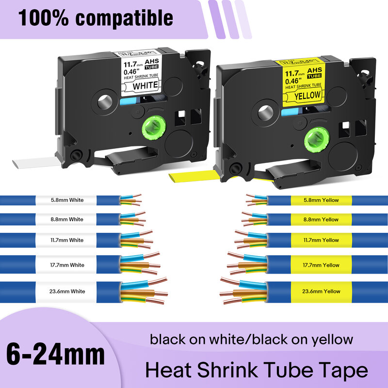 Cruxer Thermorétractable Tube Ruban Compatible pour Brother HSE-231 HSE-631 251 241 Ruban 6/9/12/18/24mm Ruban pour Brother P-touch Maker