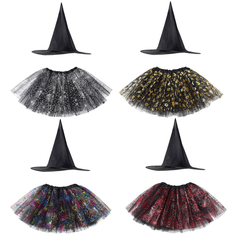 Kids Girl Witch Costume Spider Web Pattern Print Tutu Skirt and Witch Hat for Children Halloween Carnival Cosplay Kid Gift