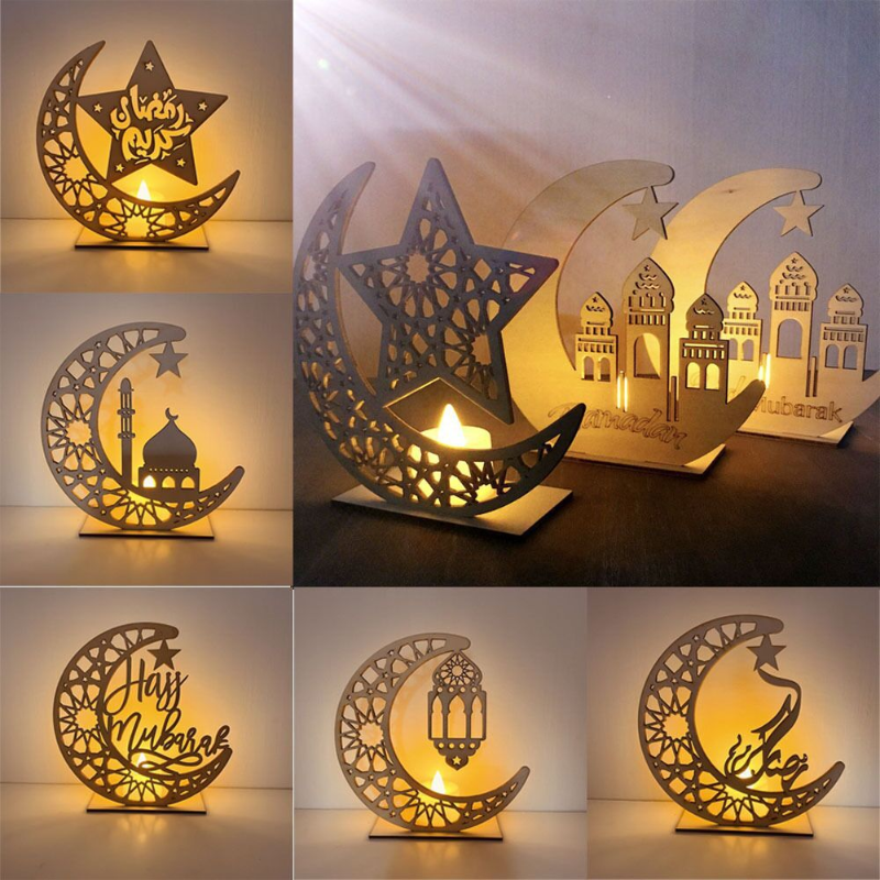 Artesanía de madera Moon EID Mubarak, decoración de Ramadán, linterna de Ramadán, Ramadán, Kareem, islámico, musulmán, al-fitr Eid, suministros de decoración.