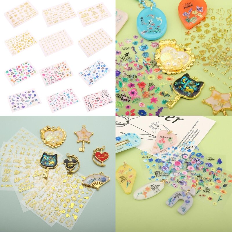 E0BF пластиковые наклейки с цветочными листьями, наклейки из смолы с английским алфавитом, эпоксидные наклейки с цветами серии