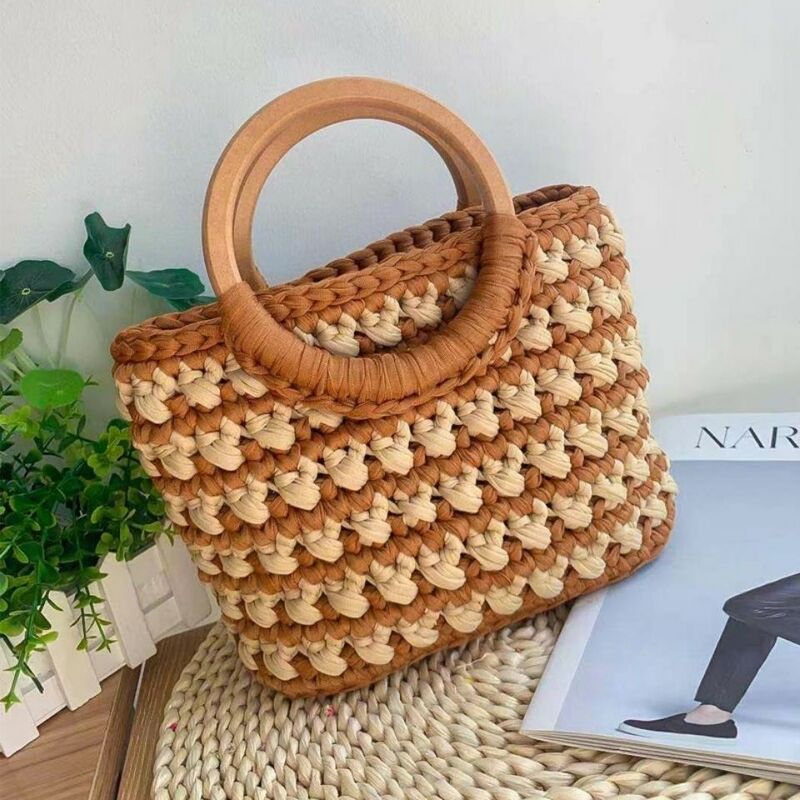 Tecido crochê saco para mulheres, tecido tote, bolsa de ombro, casual, cesta de compras, designer, novo design