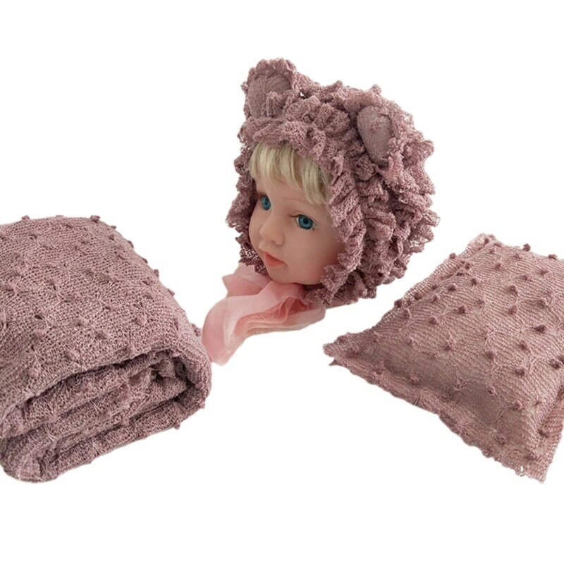 N80c conjunto fotografia para recém-nascidos, chapéu com orelha urso, cobertor envoltório, adereços para fotos, bebê, 3
