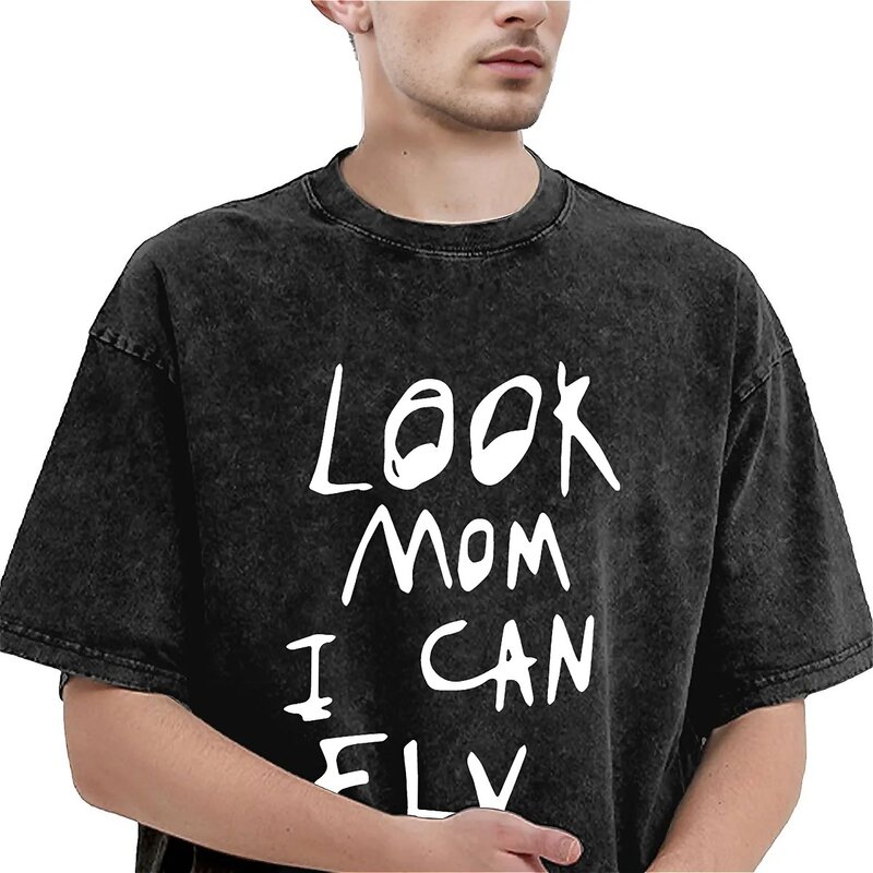 Look Mom I Can Fly Washed T-Shirt Men Classic Letter Print Aesthetic Loose T-Shirts Summer Trendy Tees Design Oversized Clothes