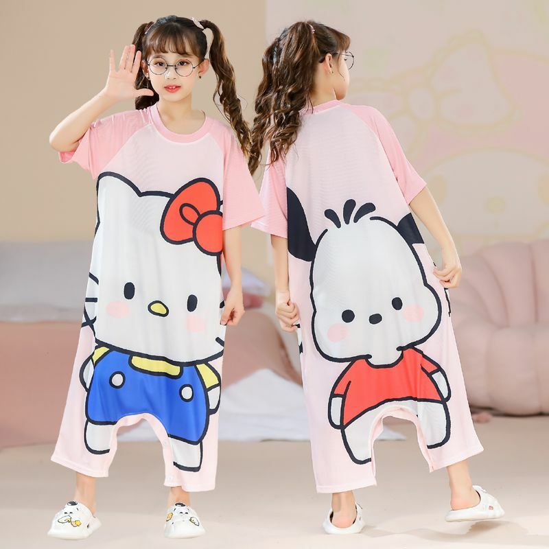 Sanrios Children's Pajamas Kawaii Hello Kittys Kuromi Cinnamoroll Girl Ice Silk Short Sleeve Nightgown Cute Home Wear Sleepwear