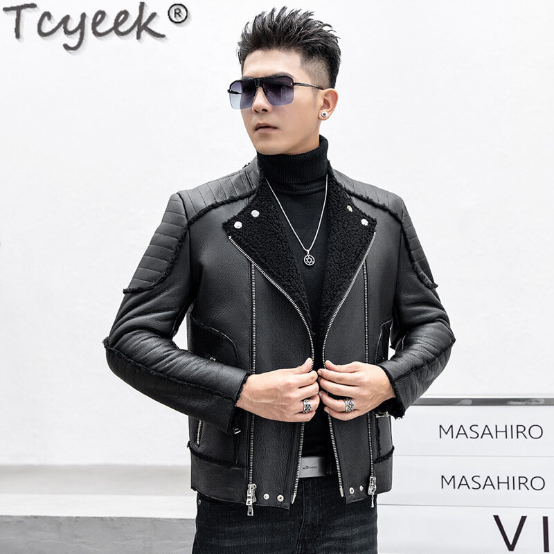 Tcyeek-casaco de pele de carneiro natural masculino, jaquetas de couro genuíno, casacos de lã real, roupas pretas, moda inverno