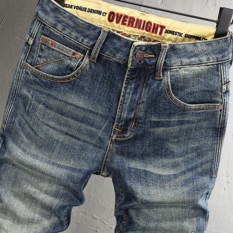 Newly Fashion Men Jeans High Quality Retro Washed Blue Stretch Slim Fit Vintage Jeans Men Embroidery Designer Casual Denim Pants