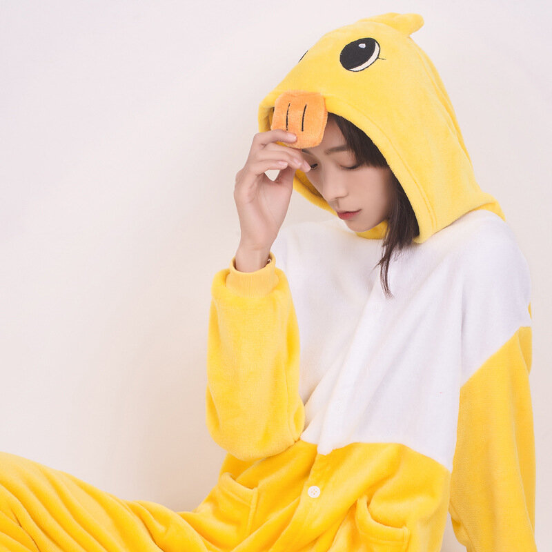 Pato amarelo dos desenhos animados onesies inverno animal pijamas kigurumi cosplay trajes anime halloween família onepiece velo pijamas conjunto