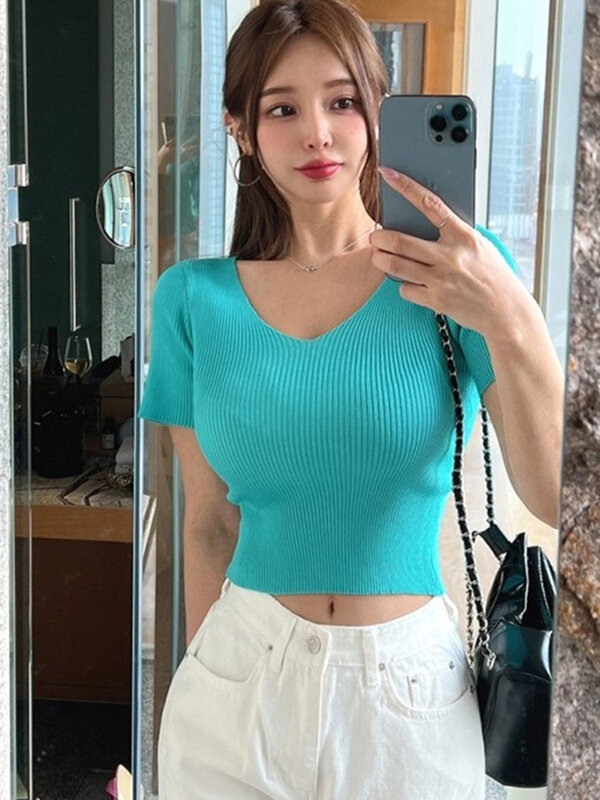 V-Neck Sexy Pullover knitted Short Sleeve knitted Sweater Women Spring Summer Slim Basic Solid Casual Base Female knitting shirt