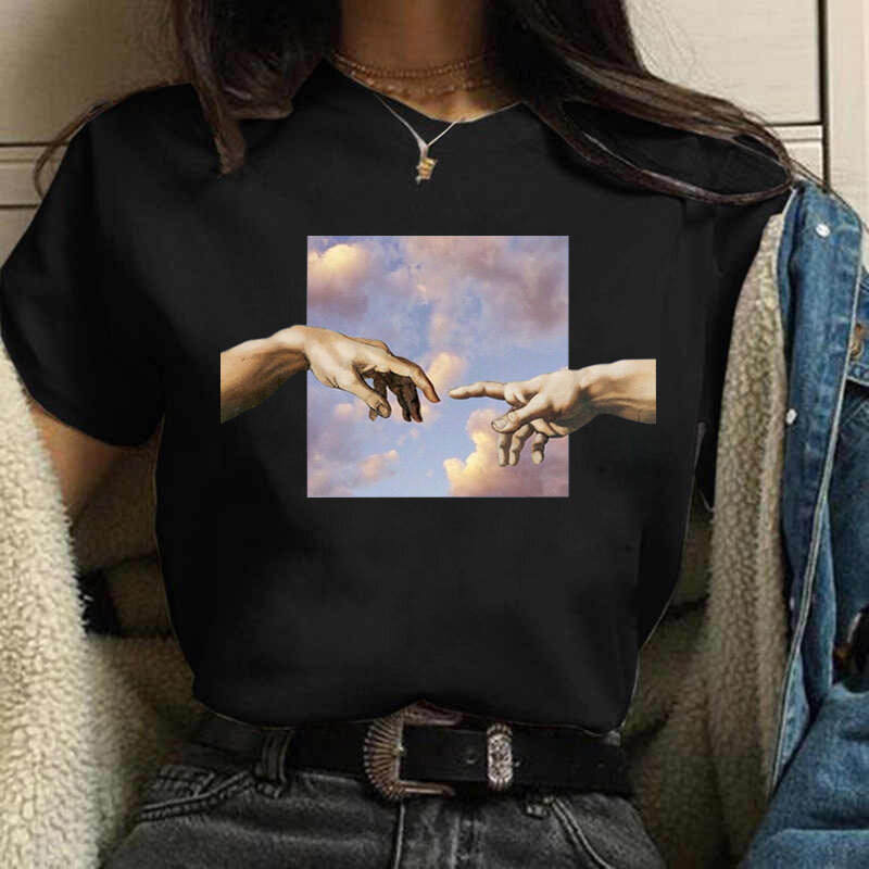 미켈란젤로 핸즈 로즈 프린트 티셔츠, 여성용 블랙 티셔츠, 여성 패션 미학적 상의 티, 90 년대 숙녀 하라주쿠 O넥 티셔츠