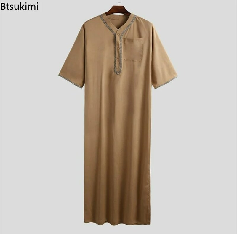 Kimono musulmán de moda para hombres, túnica media de botón sólido, camisa de cuello levantado, Kaftan árabe islámico, Abaya