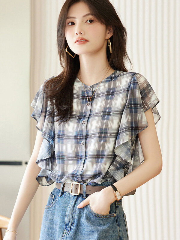 Элегантная женская шифоновая рубашка Zoki с оборками, милая Повседневная Блузка с рукавом-бабочкой, корейские простые женские винтажные топы с круглым вырезом