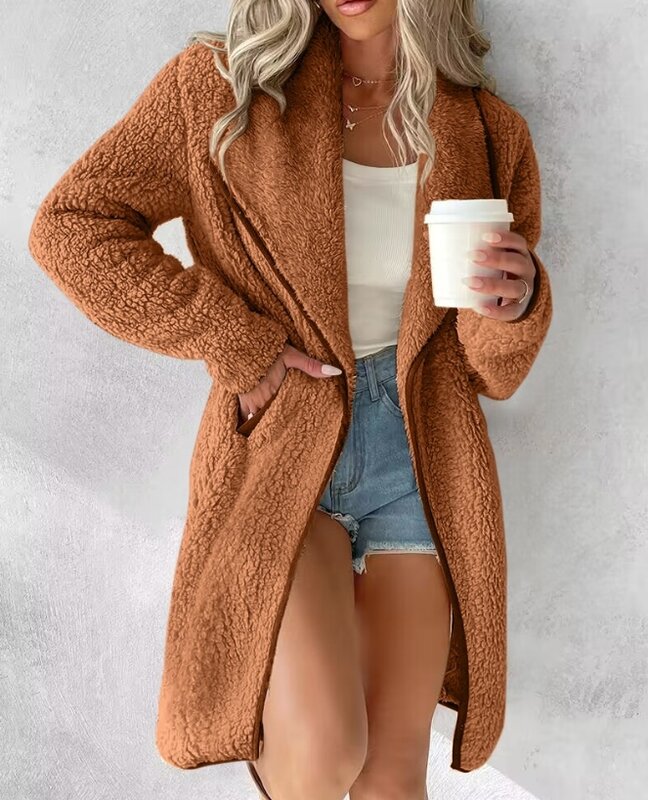 Manteau en peluche à manches longues pour femmes, conception de poche reliure, cardigans à la mode, long, décontracté, collection automne et hiver 2023