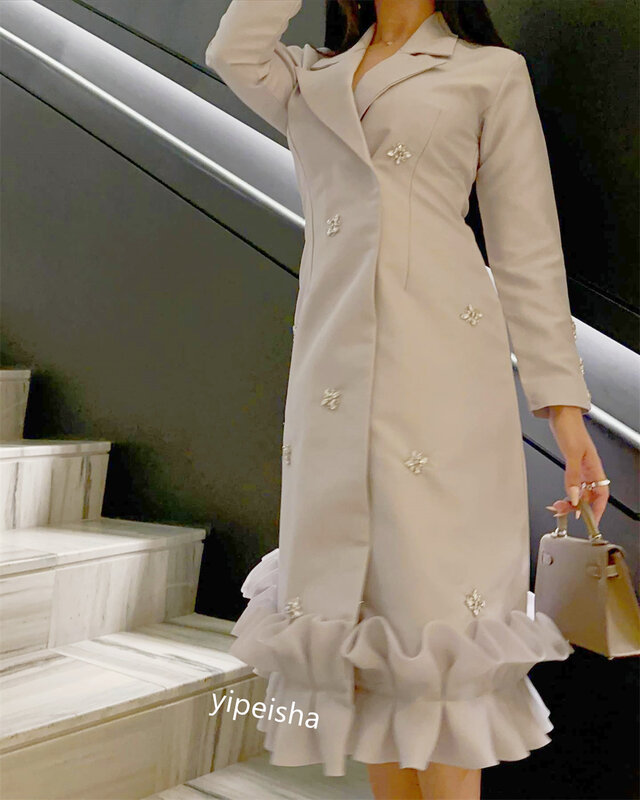 Prom Dress Saudi Arabia Jersey Beading Pleat Party A-line V-neck Bespoke Occasion Gown Midi Dresses