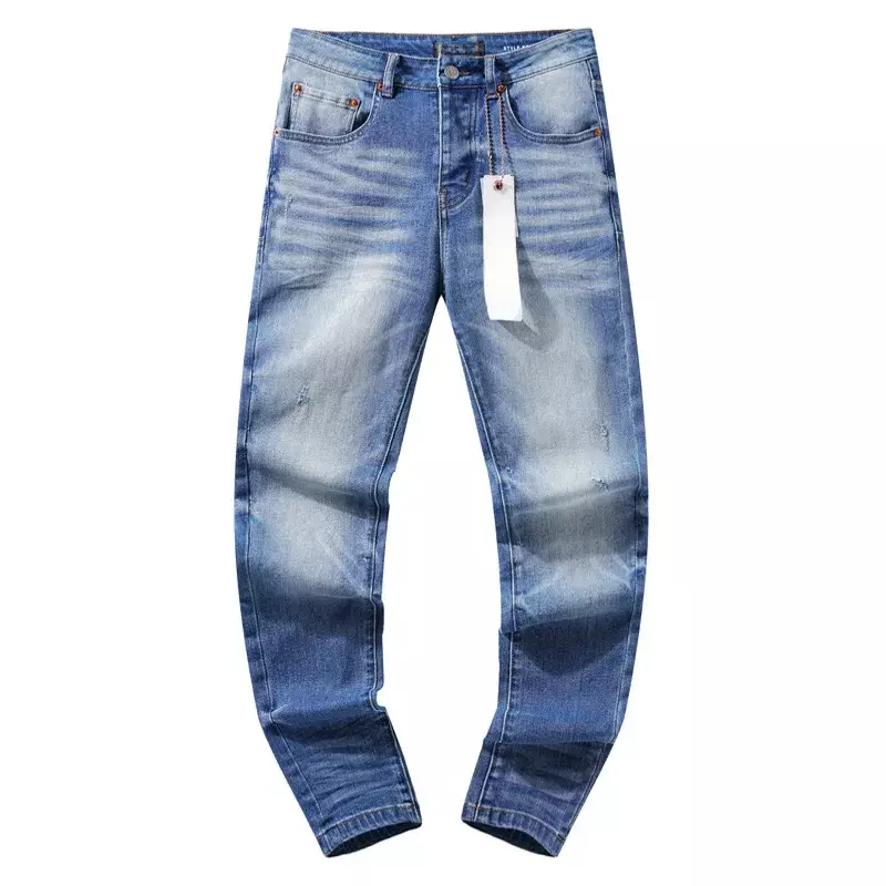 Najwyższej jakości fioletowa marka ROCA 2024ss Street Denim Jasnoniebieskie proste nogawki Prążkowane dżinsy Slim Fit Vintage