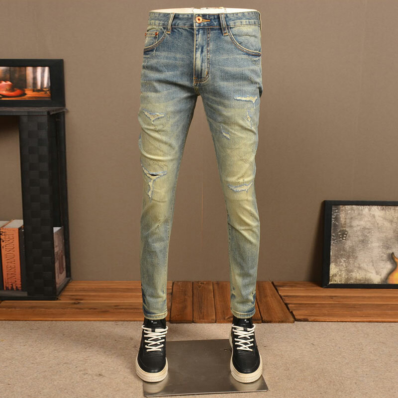 Джинсы мужские в стиле ретро, модные брюки из денима, винтажные рваные джинсы Slim Fit, эластичные синие, уличная одежда