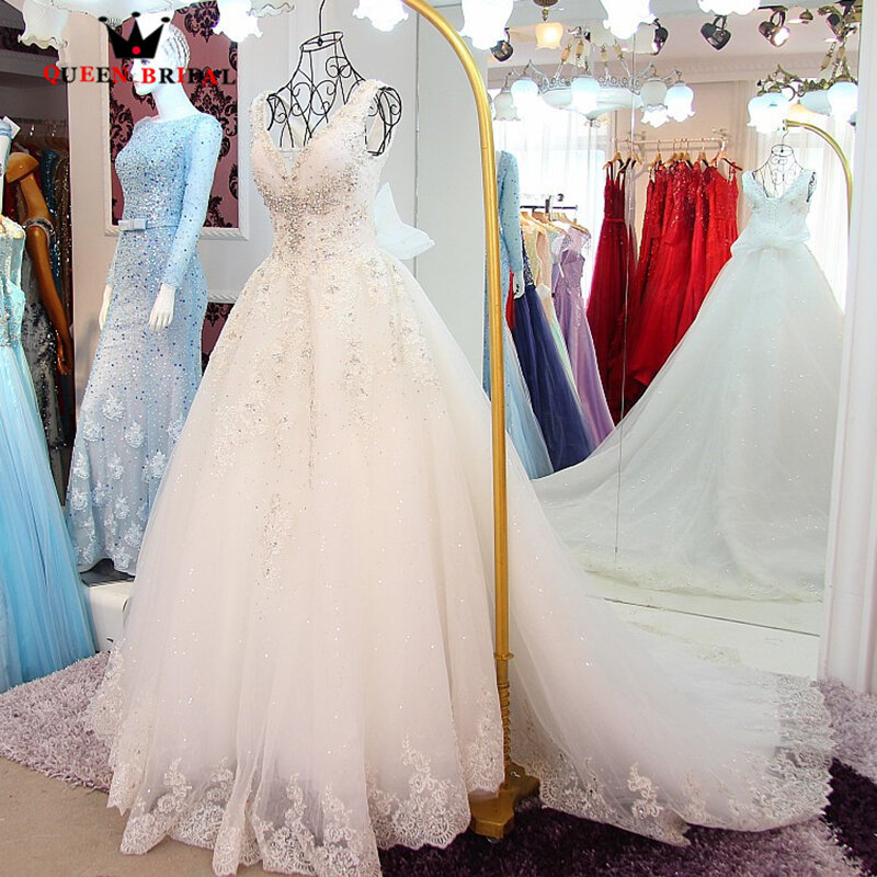 Custom Made suknia balowa dekolt koronkowy kryształ zroszony luksusowe długie suknie ślubne suknia ślubna szata de mariee Vestidos De Novia WS86
