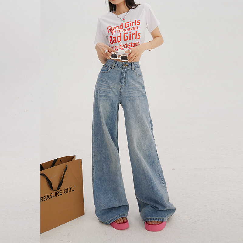 2024 Spring New Retro Washed Straight Leg Loose Jeans Women Streetwear Versatile Casual Baggy Pants Fashion Denim Trousers