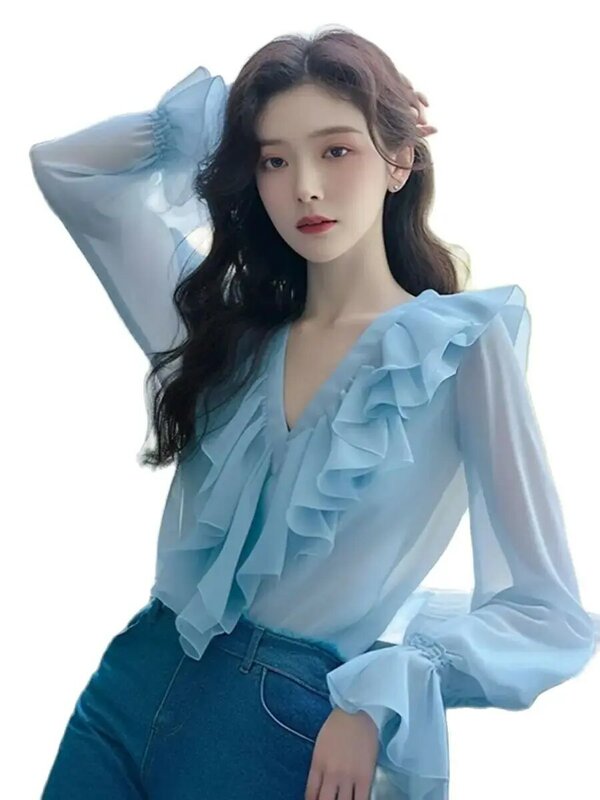 Busana Korea blus kerut lengan panjang wanita, kemeja lipit kerah v elegan, blus sifon kantor kasual untuk wanita