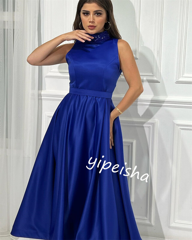 Ball Dress Evening Saudi Arabia Satin Pleat Sequined Party A-line High Collar Bespoke Occasion Gown Midi Dresses