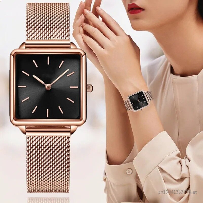 Zegarek Damski-Montre-bracelet de luxe pour femmes, en maille magnétique, simple, en or rose, à la mode