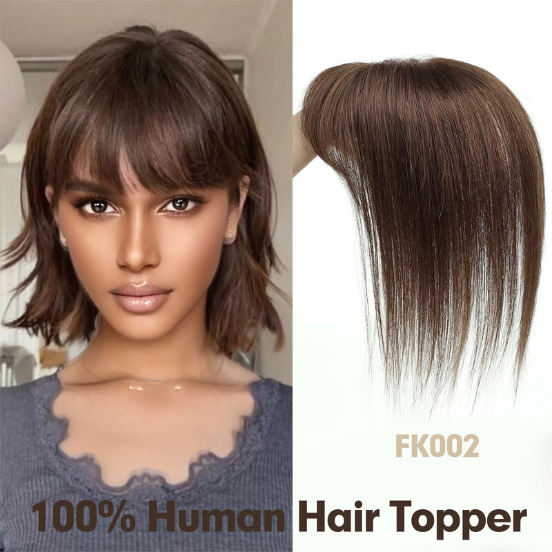 Real Human Hair Toppers with Bangs Silk Base Clip in Toupee Hair Piece for Hair Loss Women Afro Brown Remy Hair Topper Straight