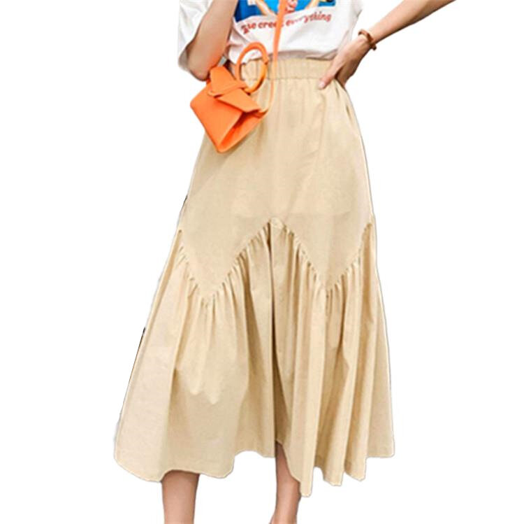 Rok lipit model Korea, rok katun Linen asimetris, rok panjang A-Line warna polos, Rok lipit model Korea, pakaian musim panas 2024