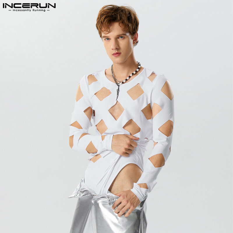 Sexy Fashion Style Men's Bodysuits Hollow Diamond Design Rompers Casual Homewear O-Neck Long Sleeve Jumpsuits S-3XL INCERUN 2023