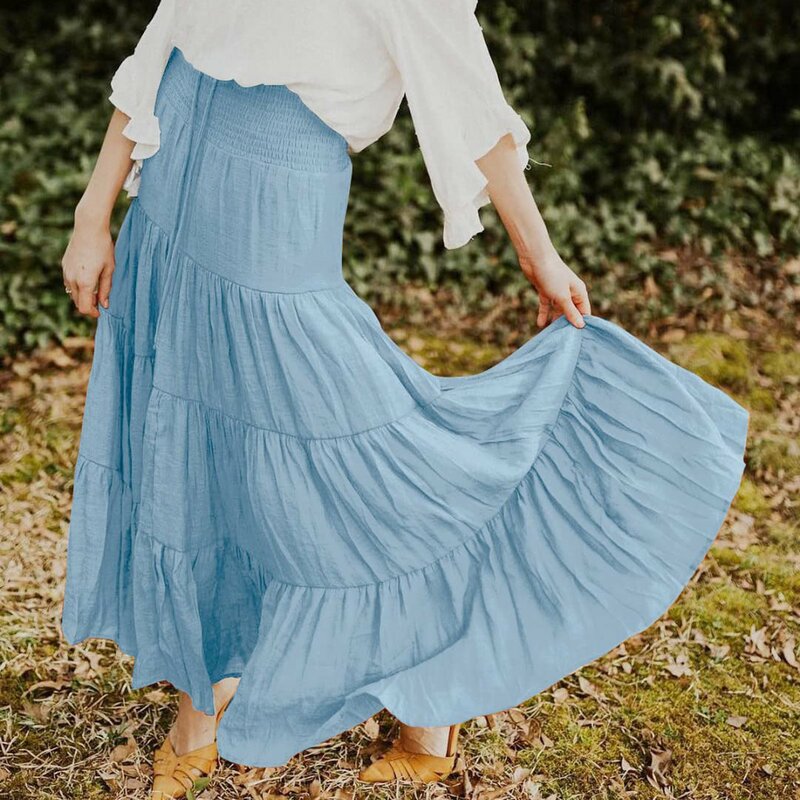 Юбка женская в стиле бохо, свободная длинная трапециевидная юбка с эластичной завышенной талией, большой подол, Повседневная пляжная одежда, большие размеры, на лето