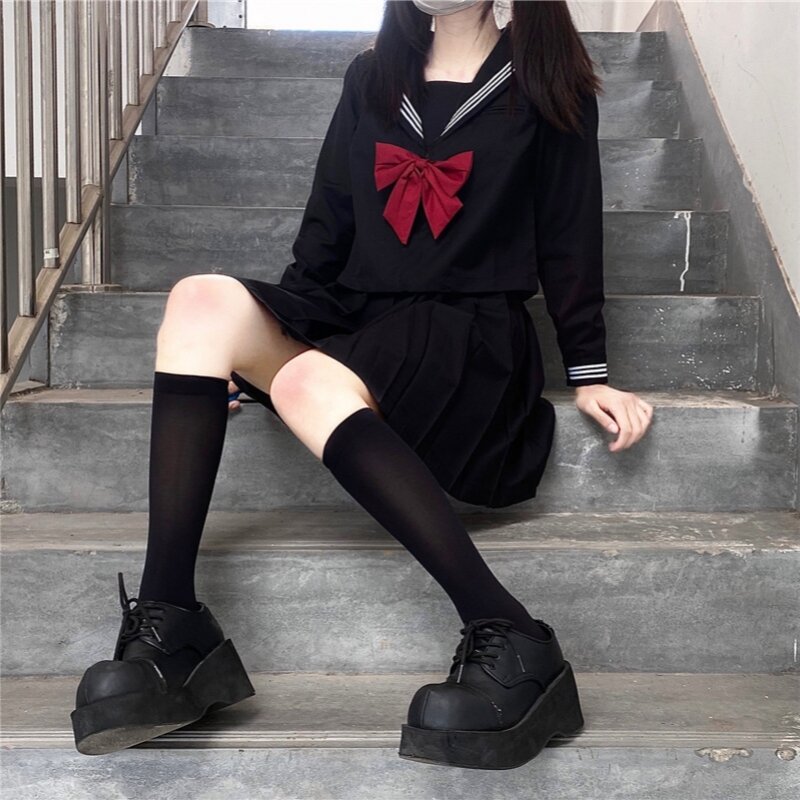 Uniforme scolastica giapponese ragazze Plus Size Jk Suit Red Tie nero tre Basic Sailor Uniform donna manica lunga vestito