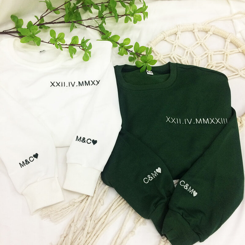 Custom Embroidered Sweatshirt with Roman Numerals Date and Sleeve Embroidery Engagement Gifts Husband Couples Sweatshirts Custom
