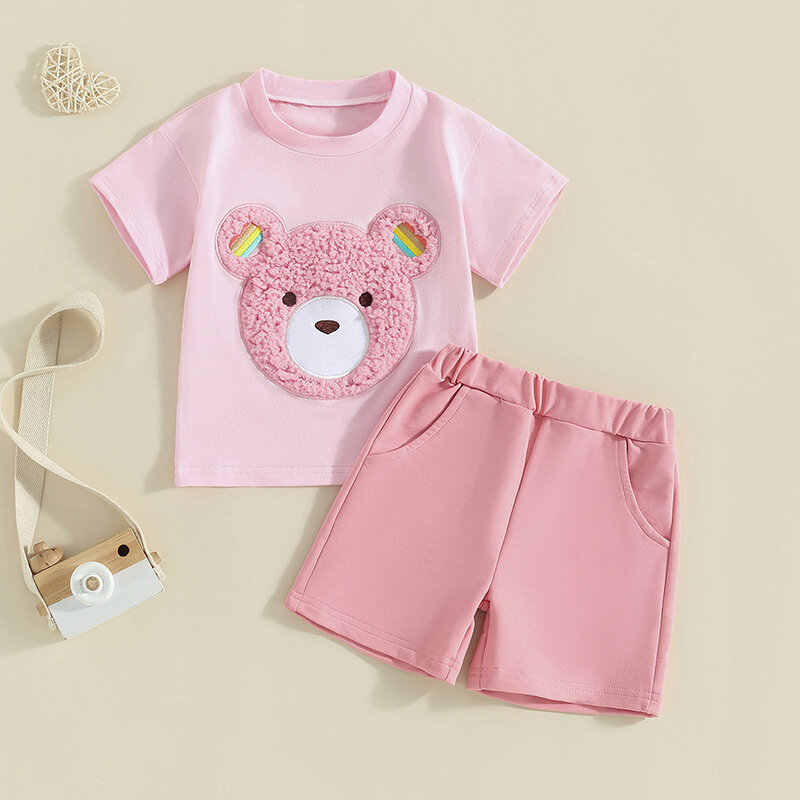 Conjunto de tops e shorts de manga curta bordados para bebês, roupas fofas, roupas de verão, 2024-04-09