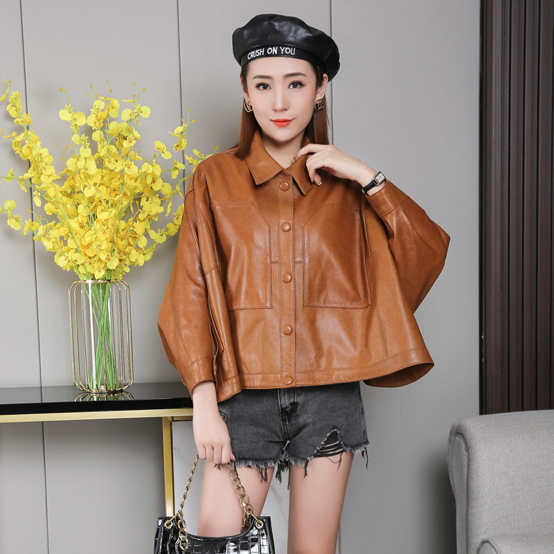 เสื้อแจ็กเก็ตหนังแท้สำหรับผู้หญิง, เสื้อแจ็คเก็ตหนังแกะลำลองขาสั้นผู้หญิง Leather2023ขี่มอเตอร์ไซค์ใหม่ MODE Korea