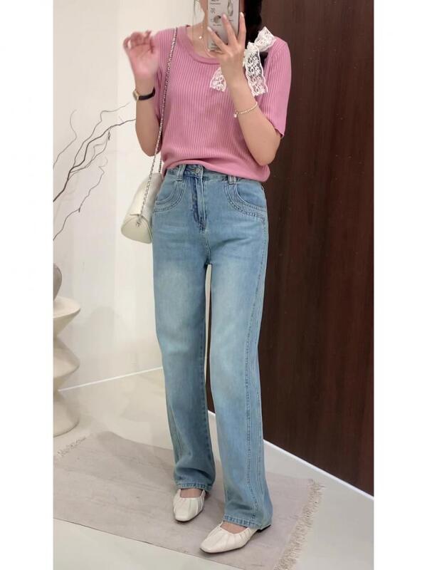 FINEWORDS 2024 najnowsze dżinsy z szeroką nogawką damskie z wysokim stanem w stylu Vintage klasyczny niebieski spodnie luźny dżins koreańskie dżinsy Streetwear