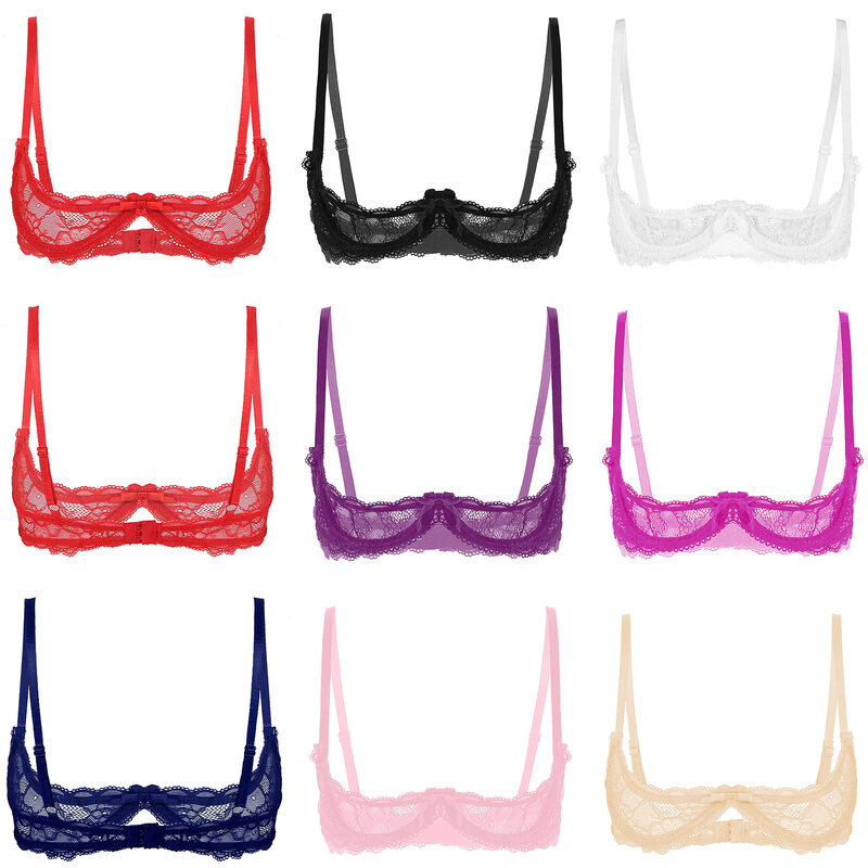 Womens Sexy Lingerie 1/4 Cups Push Up Underwire Bra Tops See Through Sheer Lace Adjustable Spaghetti Shoulder Straps Brassiere