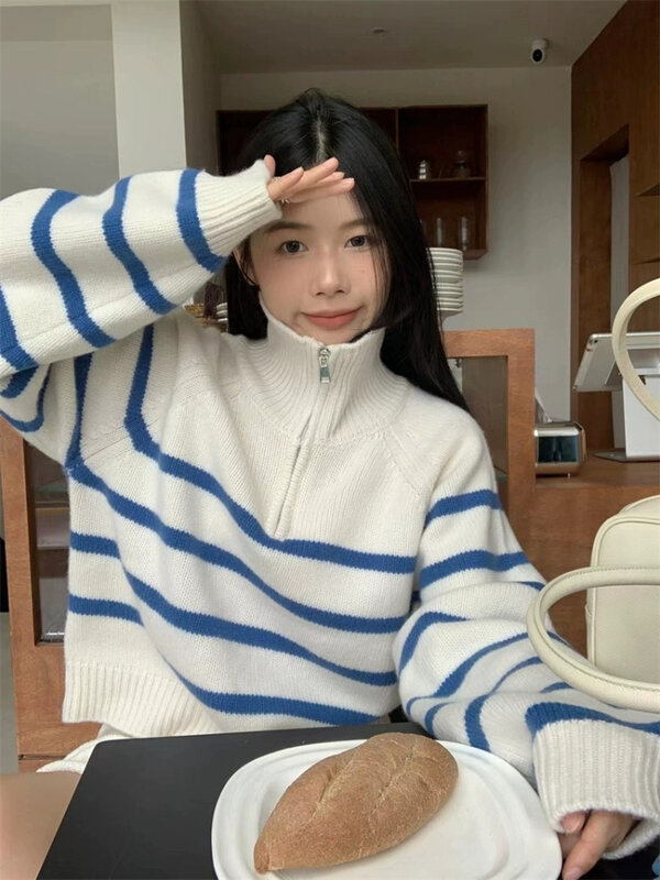 Yuqi koreanische Frauen Pullover lose Reiß verschluss Stehkragen Pullover warm gestreiften Pullover gestrickt grundlegende weibliche Tops Herbst Winter