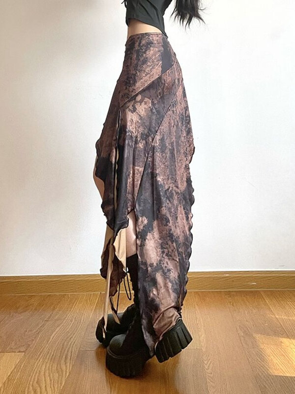 HOUZHOU Vintage seksi Streetwear rok liburan wanita Amerika Retro Harajuku tidak teratur desain lipit rok perban Musim Panas 2024