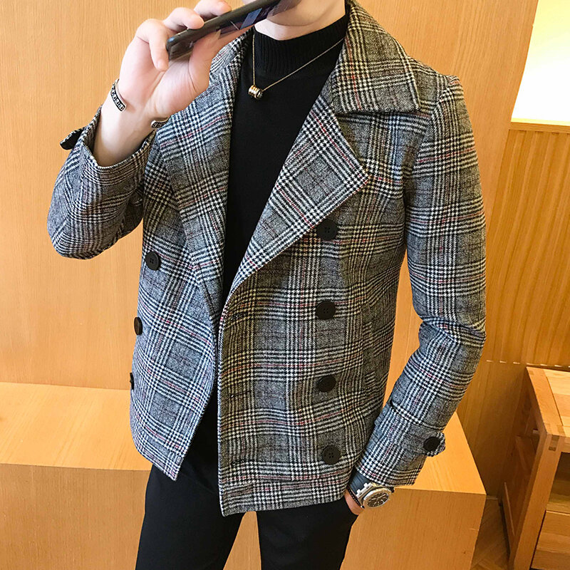 Мужское Короткое шерстяное пальто на осень/зиму, Высококачественная модная мужская двубортная клетчатая деловая Повседневная плотная теплая куртка