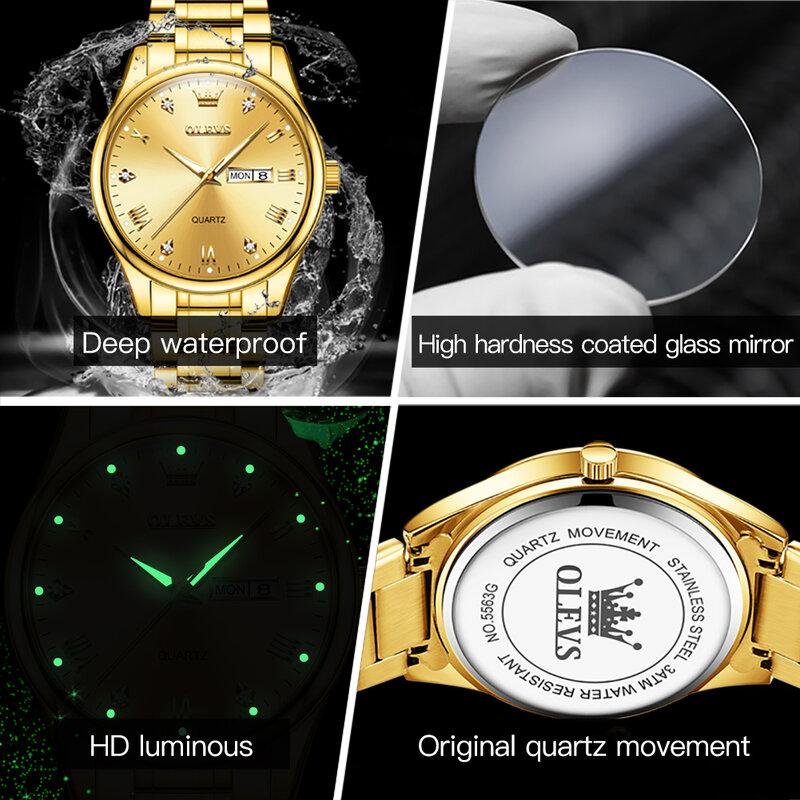 Olevs-メンズラグジュアリーゴールドクォーツ時計,ステンレススチール,防水,週日付,ビジネス腕時計,トップブランド