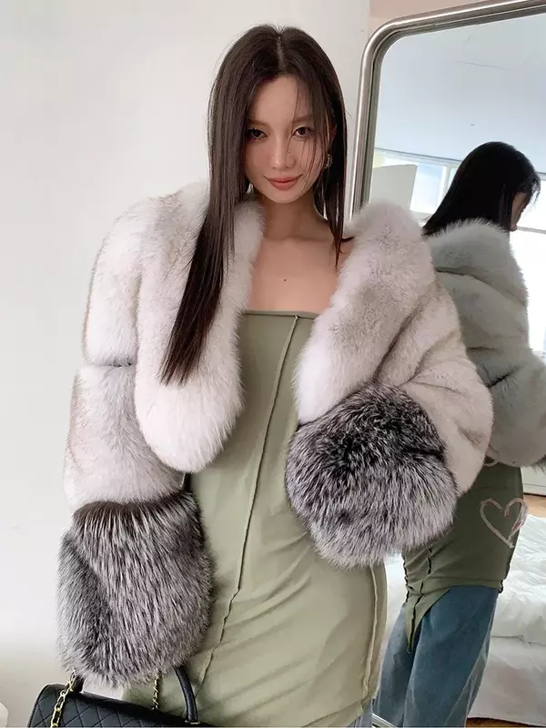 여성용 천연 여우 모피 코트, 우아한 슬림 하이웨이스트 크롭 푹신한 겨울 재킷, 고급 럭셔리, 2024 신상